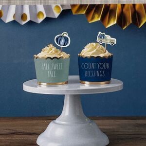 Rae Dunn 12 Piece Fall Sweet Fall & Count Blessings Cupcake Liners & Picks NWT